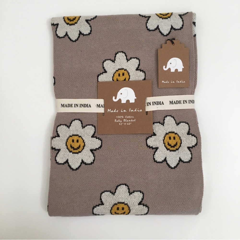 NEW Baby Blanket Cotton Tan Floral Daisy Nursery Decor | Made in India